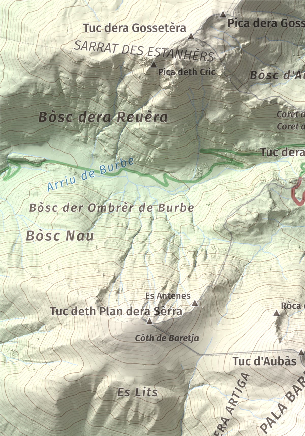 Mapa topogràfic del relleu: Tuc d'Arres, 2163 m. Detall de la zona superior esquerra. 21 × 30 cm.