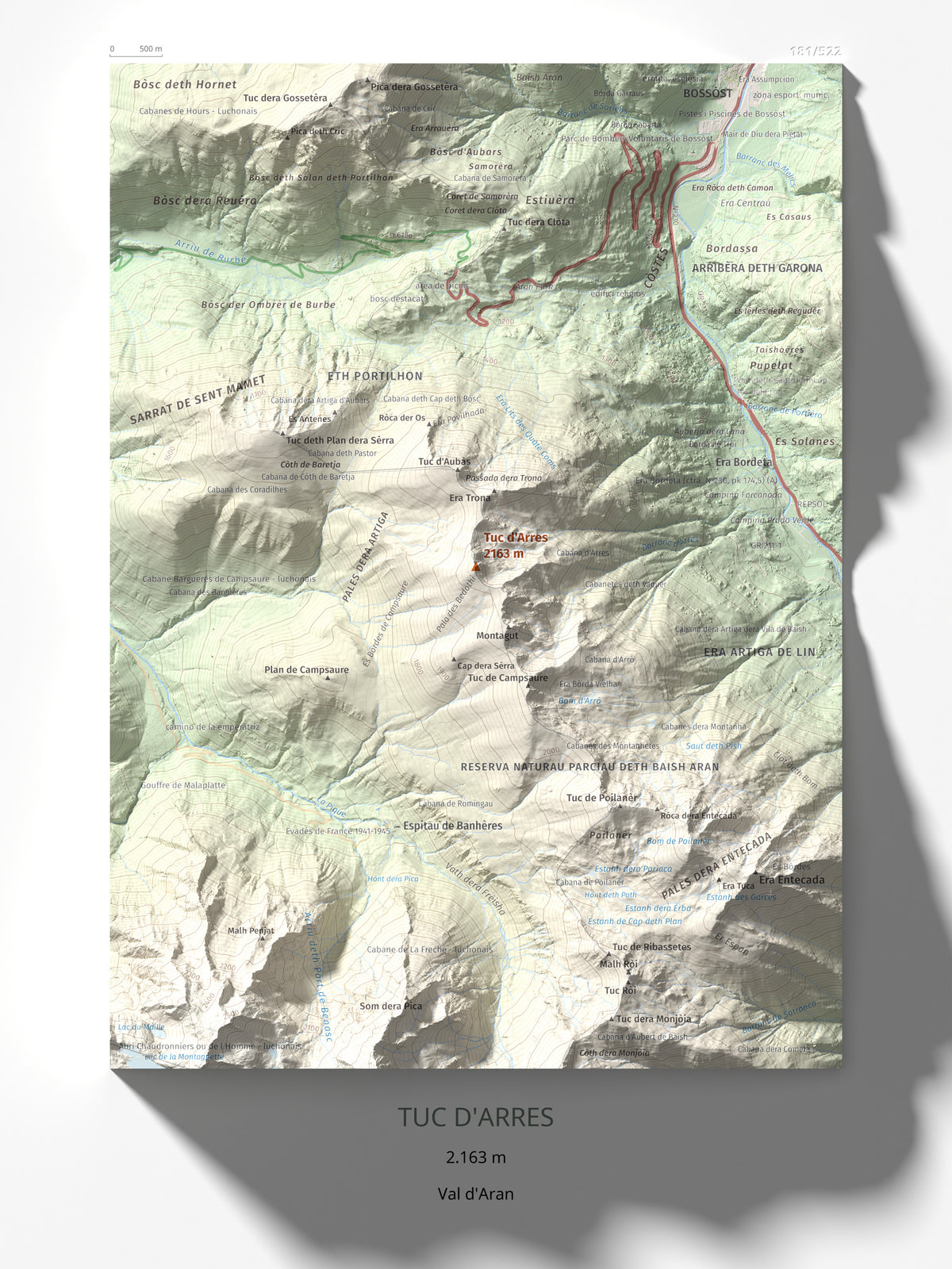 Mapa topogràfic del relleu: Tuc d'Arres, 2163 m. Làmina completa. 30 × 40 cm.