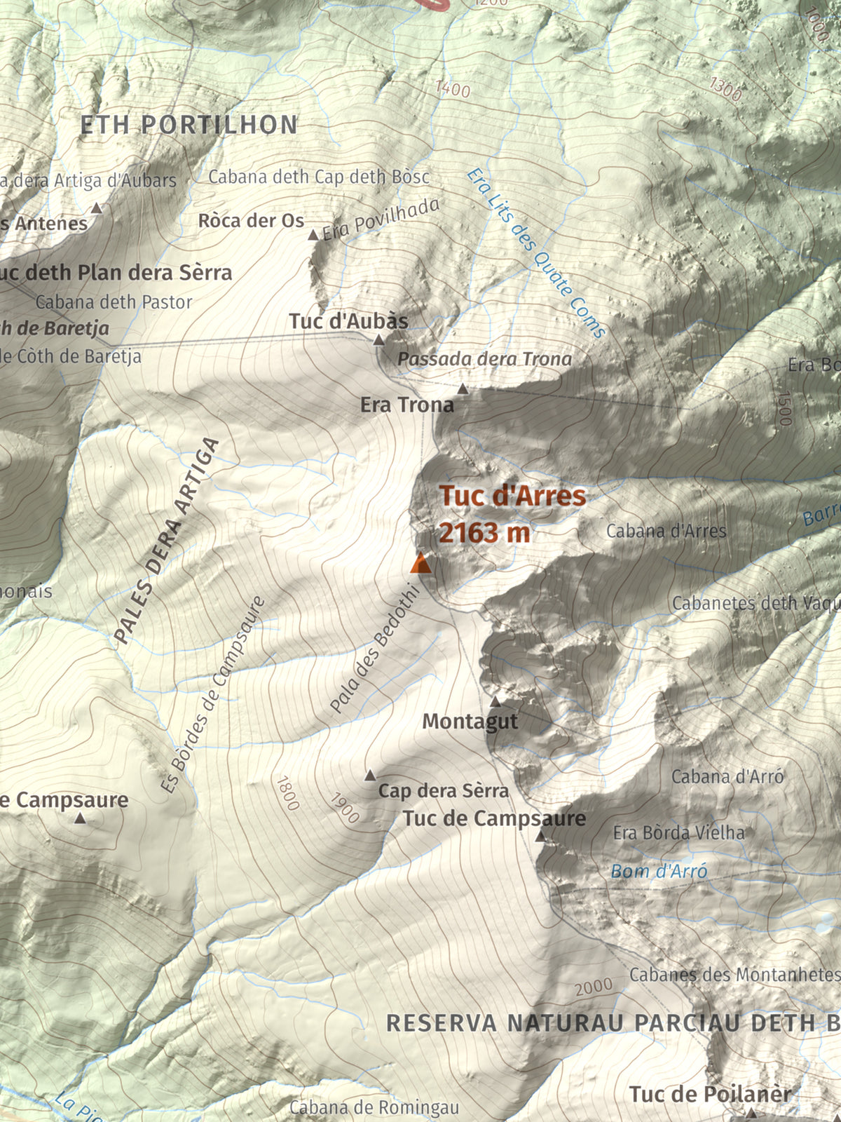 Mapa topogràfic del relleu: Tuc d'Arres, 2163 m. Detall de la zona central. 30 × 40 cm.