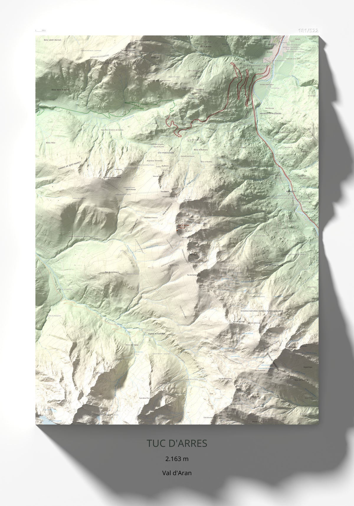 Mapa topogràfic del relleu: Tuc d'Arres, 2163 m. Làmina completa. 70 × 100 cm.