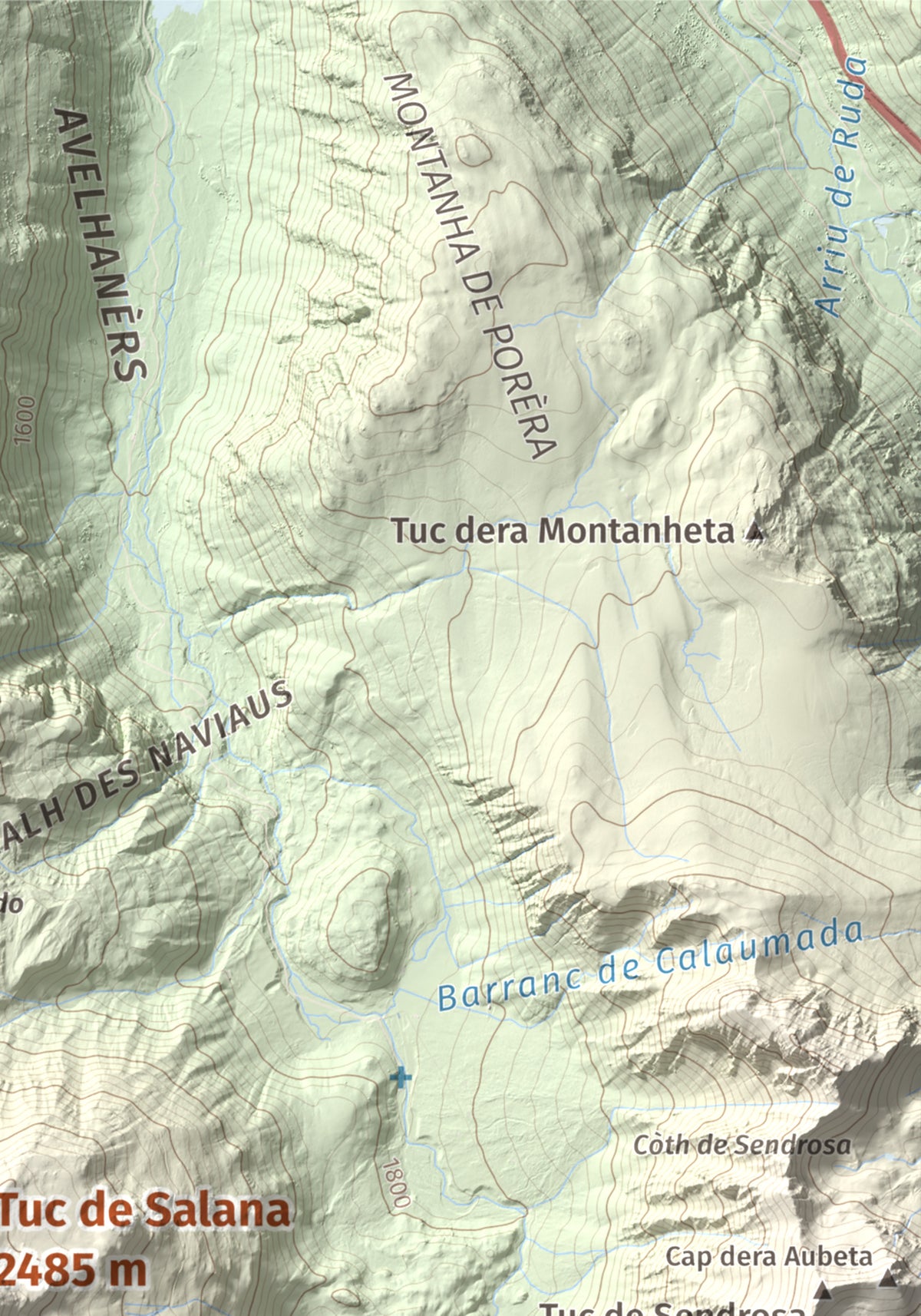 Mapa topográfico del relieve: Tuc de Salana, 2485 m. Detalle de la zona superior derecha. 21 × 30 cm.