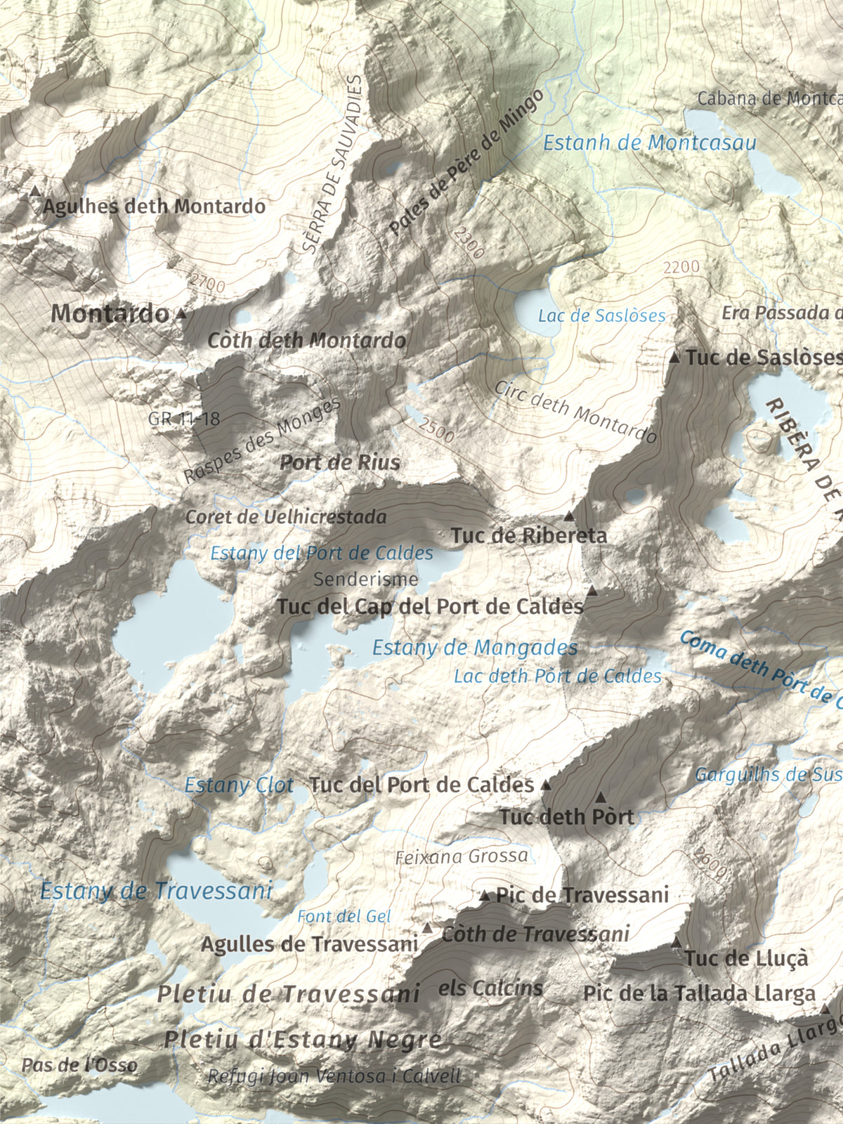 Mapa topográfico del relieve: Tuc de Salana, 2485 m. Detalle de la zona inferior izquierda. 30 × 40 cm.
