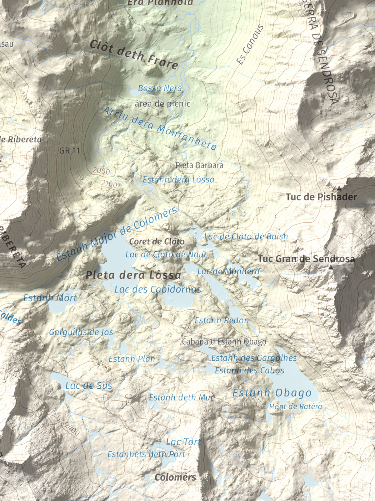 Mapa topográfico del relieve: Tuc de Salana, 2485 m. Detalle de la zona inferior derecha. 30 × 40 cm.