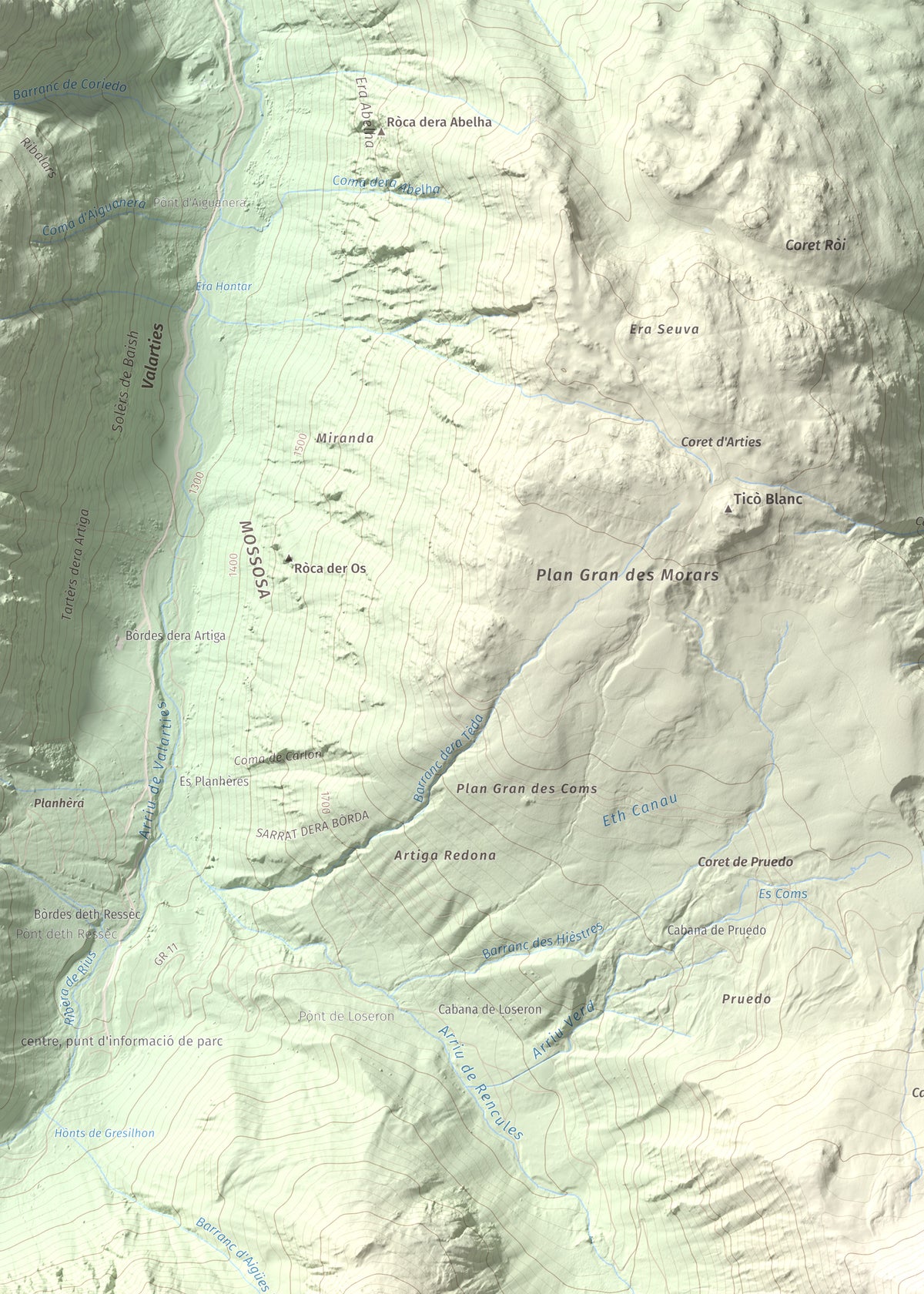 Mapa topográfico del relieve: Tuc de Salana, 2485 m. Detalle de la zona superior izquierda. 50 × 70 cm.