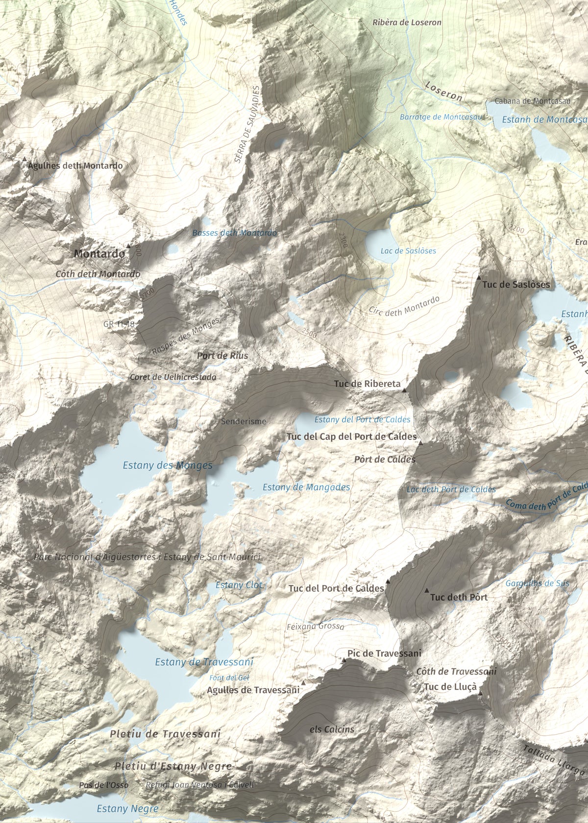 Mapa topográfico del relieve: Tuc de Salana, 2485 m. Detalle de la zona inferior izquierda. 50 × 70 cm.