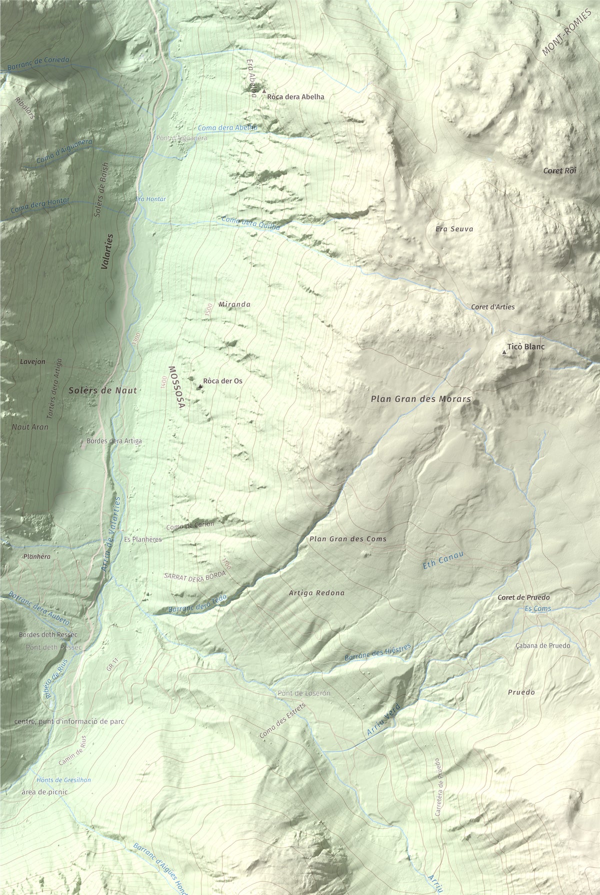 Mapa topográfico del relieve: Tuc de Salana, 2485 m. Detalle de la zona superior izquierda. 61 × 91 cm.