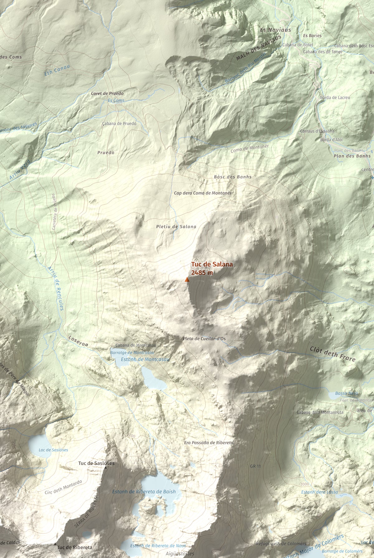 Mapa topográfico del relieve: Tuc de Salana, 2485 m. Detalle de la zona central. 61 × 91 cm.