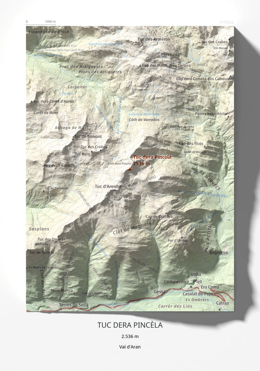 Mapa de relieve de Tuc dera Pincèla, 2536 m, Val d'Aran, lámina 100 Cims de Trobart 21 × 30 cm.