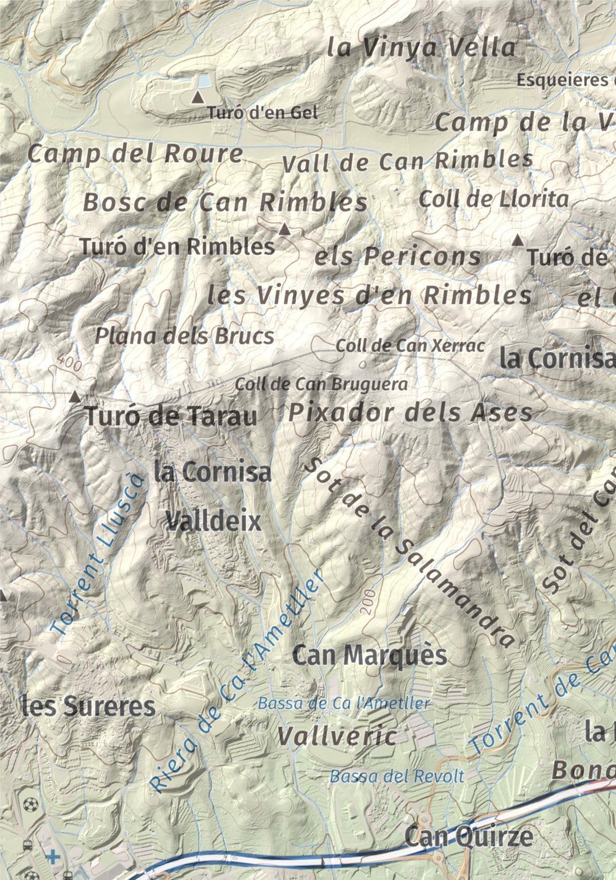 Mapa de relieve de Turó d'Onofre Arnau, 131 m, Maresme, lámina 100 Cims de Trobart. Detalle de la zona superior izquierda. 21 × 30 cm.