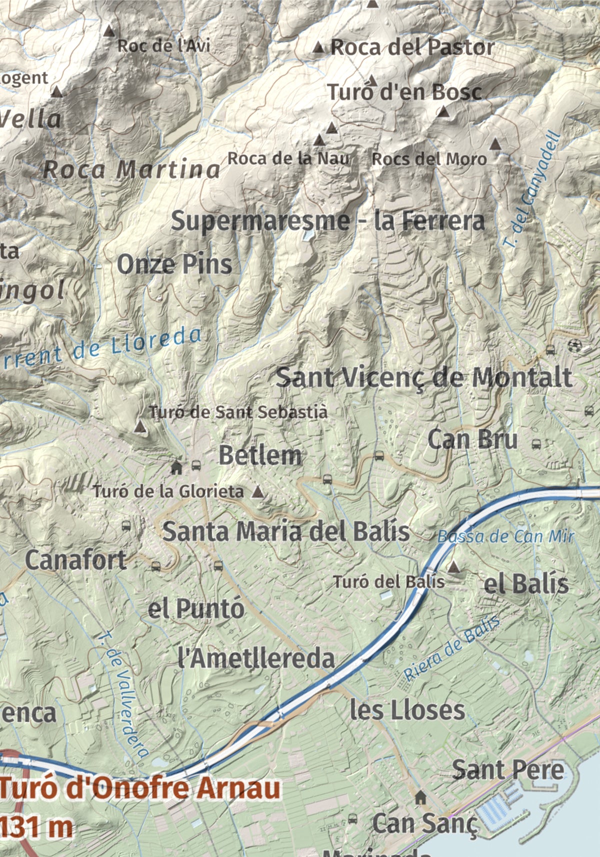 Mapa de relieve de Turó d'Onofre Arnau, 131 m, Maresme, lámina 100 Cims de Trobart. Detalle de la zona superior derecha. 21 × 30 cm.