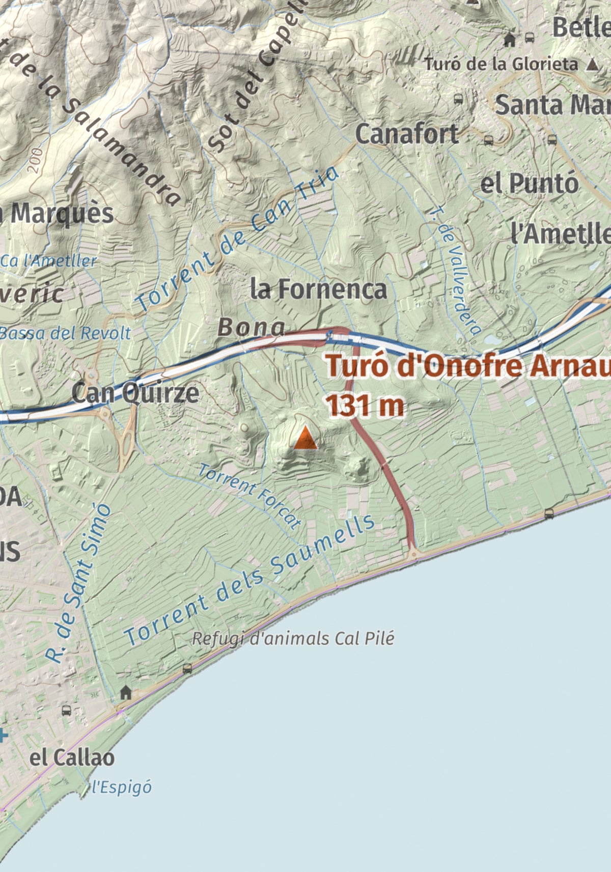 Mapa de relieve de Turó d'Onofre Arnau, 131 m, Maresme, lámina 100 Cims de Trobart. Detalle de la zona central. 21 × 30 cm.