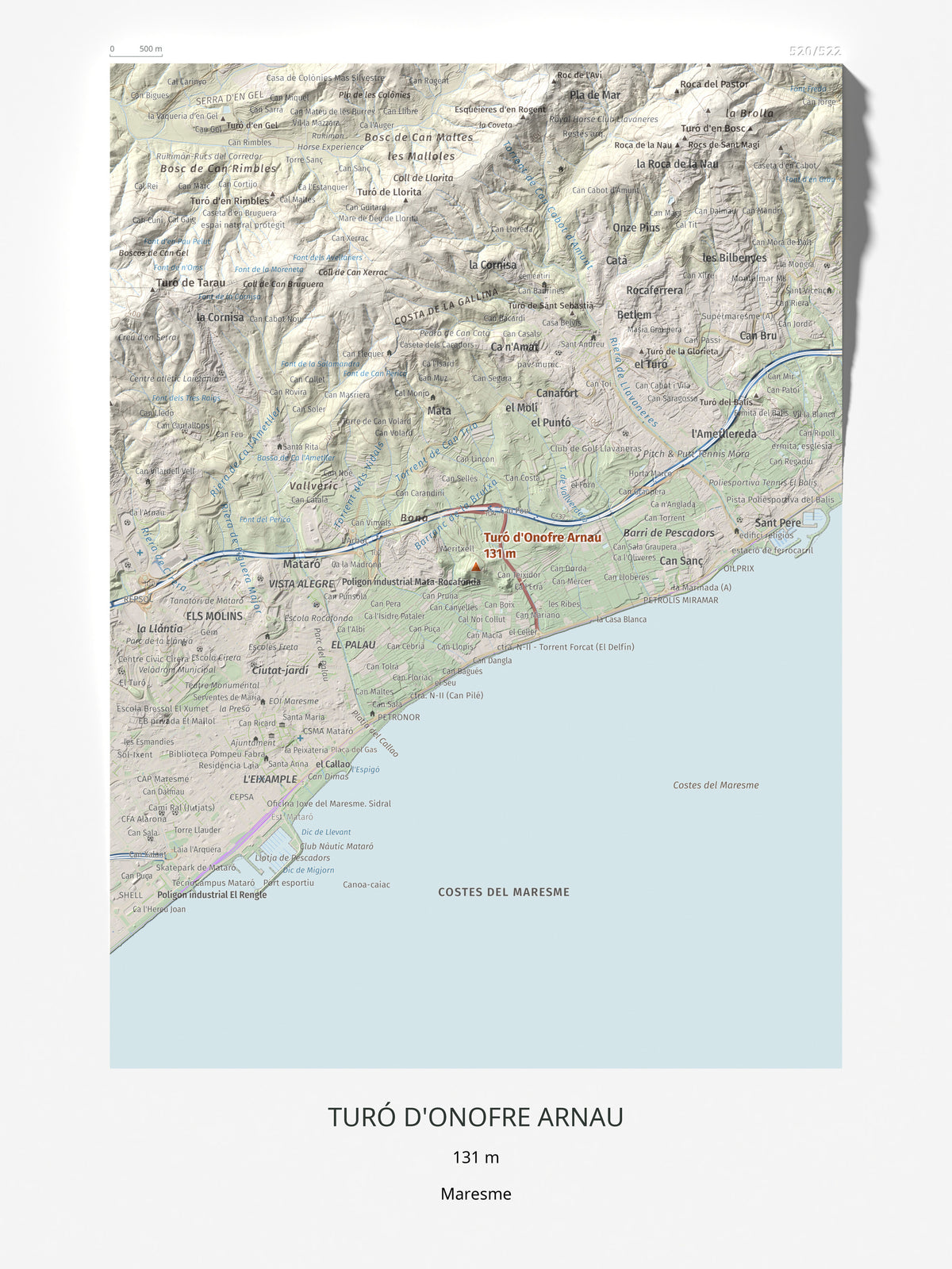 Mapa de relieve de Turó d'Onofre Arnau, 131 m, Maresme, lámina 100 Cims de Trobart 30 × 40 cm.