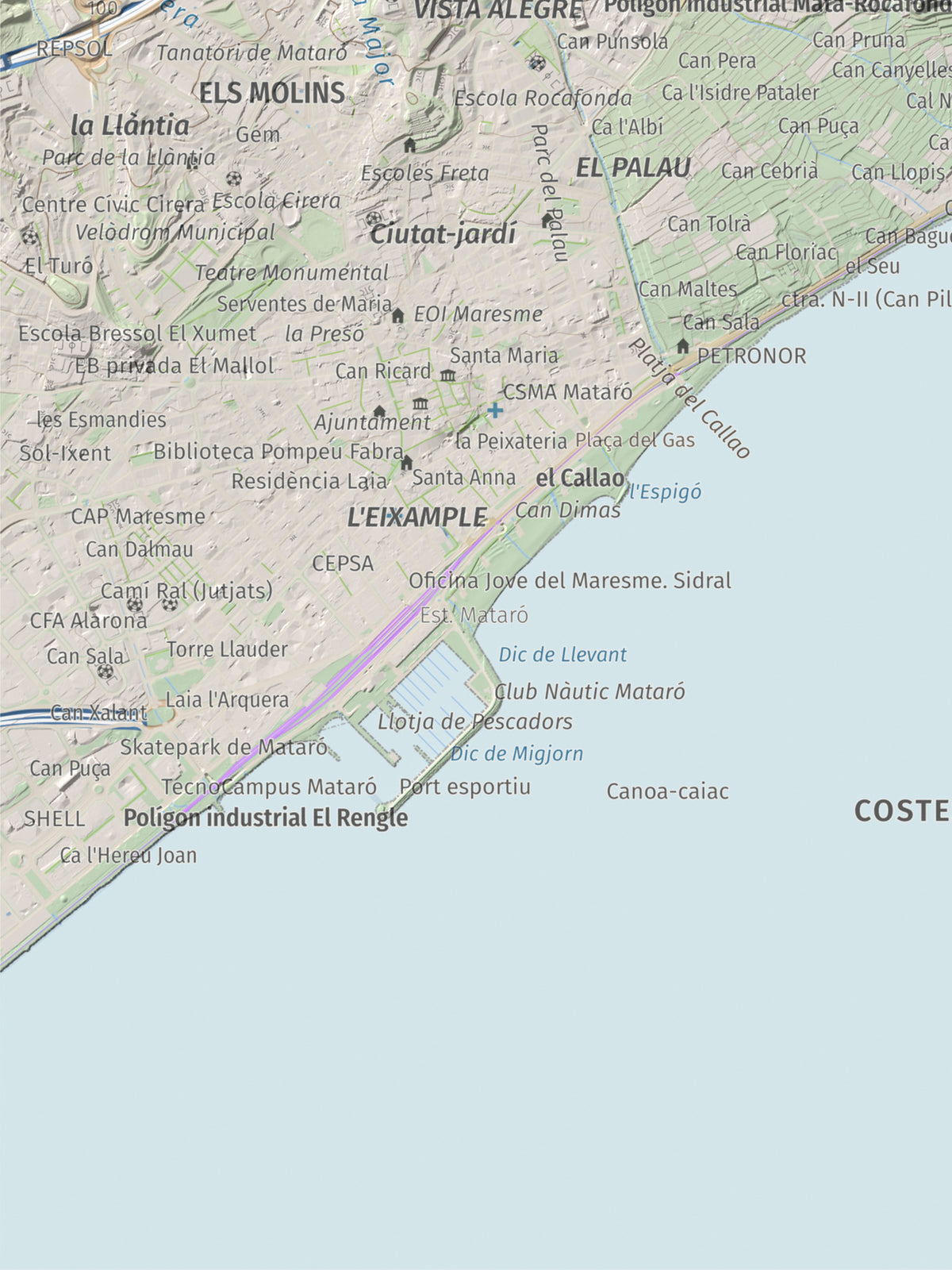Mapa de relieve de Turó d'Onofre Arnau, 131 m, Maresme, lámina 100 Cims de Trobart. Detalle de la zona inferior izquierda. 30 × 40 cm.