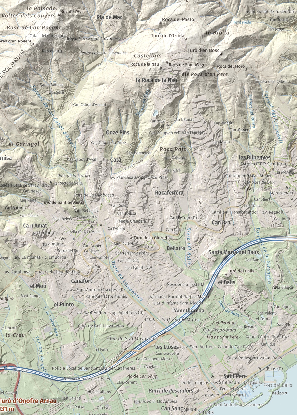 Mapa de relieve de Turó d'Onofre Arnau, 131 m, Maresme, lámina 100 Cims de Trobart. Detalle de la zona superior derecha. 50 × 70 cm.