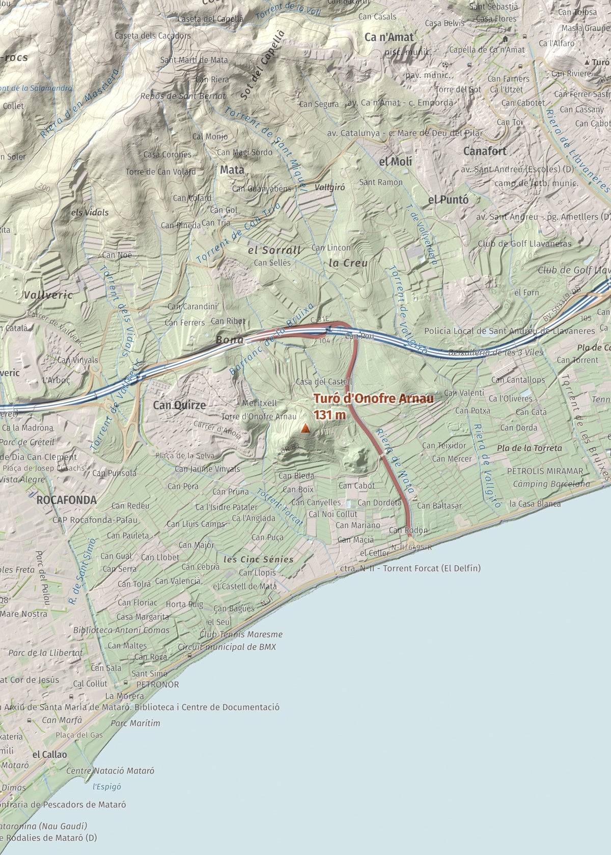 Mapa de relieve de Turó d'Onofre Arnau, 131 m, Maresme, lámina 100 Cims de Trobart. Detalle de la zona central. 50 × 70 cm.