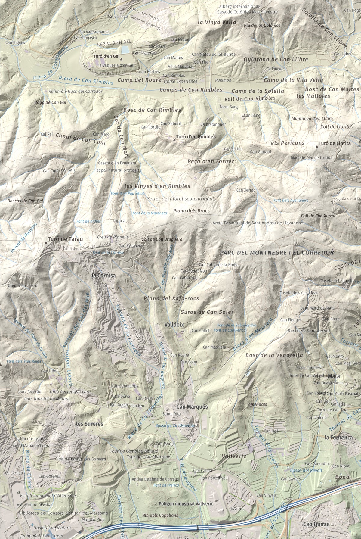 Mapa de relieve de Turó d'Onofre Arnau, 131 m, Maresme, lámina 100 Cims de Trobart. Detalle de la zona superior izquierda. 61 × 91 cm.