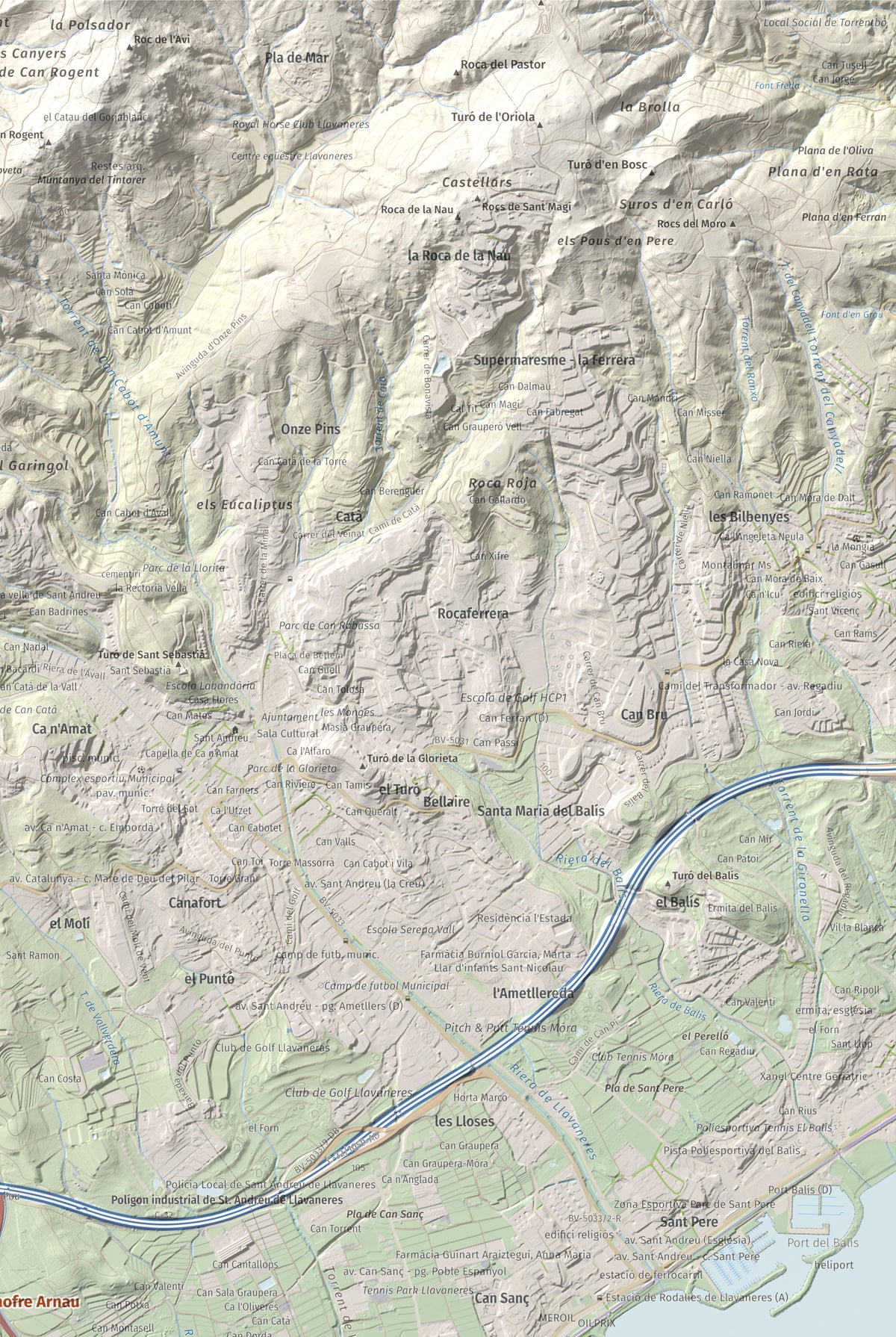 Mapa de relieve de Turó d'Onofre Arnau, 131 m, Maresme, lámina 100 Cims de Trobart. Detalle de la zona superior derecha. 61 × 91 cm.