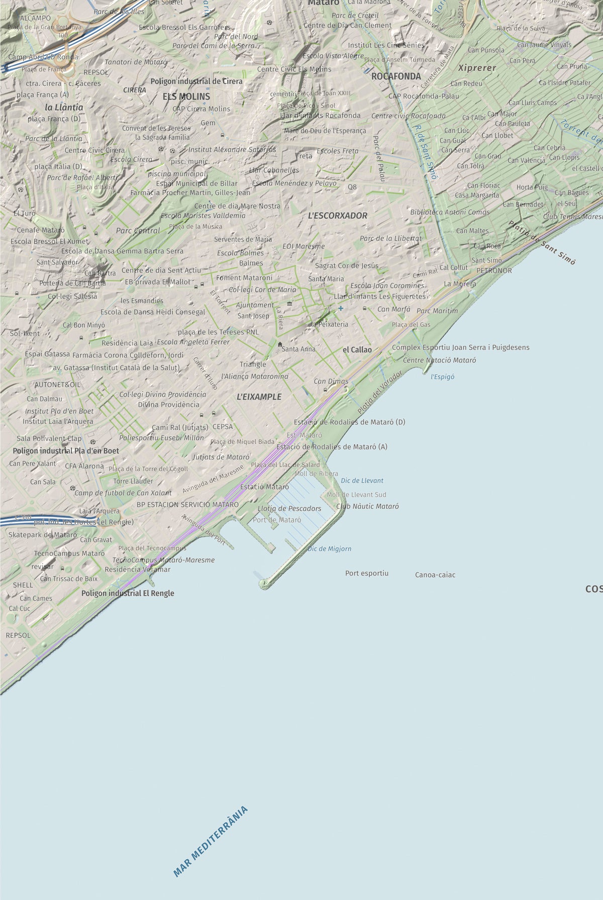 Mapa de relieve de Turó d'Onofre Arnau, 131 m, Maresme, lámina 100 Cims de Trobart. Detalle de la zona inferior izquierda. 61 × 91 cm.