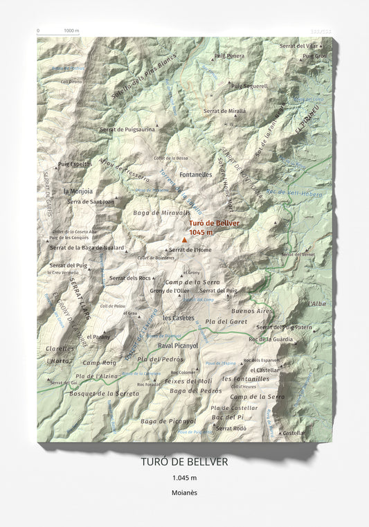 Mapa de relieve de Turó de Bellver, 1045 m, Moianès, lámina 100 Cims de Trobart 21 × 30 cm.