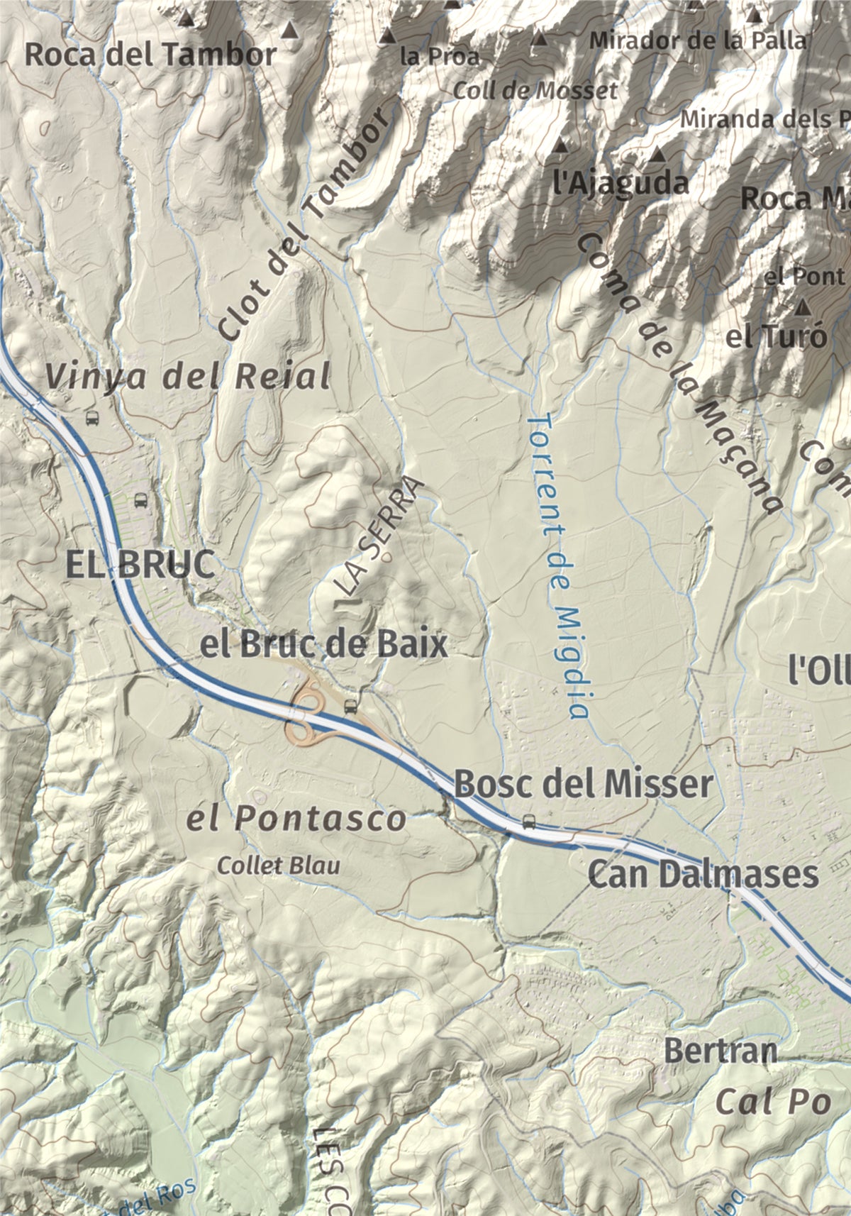 Mapa de relieve de Turó de Can Dolcet, 416 m, Anoia · Baix Llobregat, lámina 100 Cims de Trobart. Detalle de la zona superior izquierda. 21 × 30 cm.