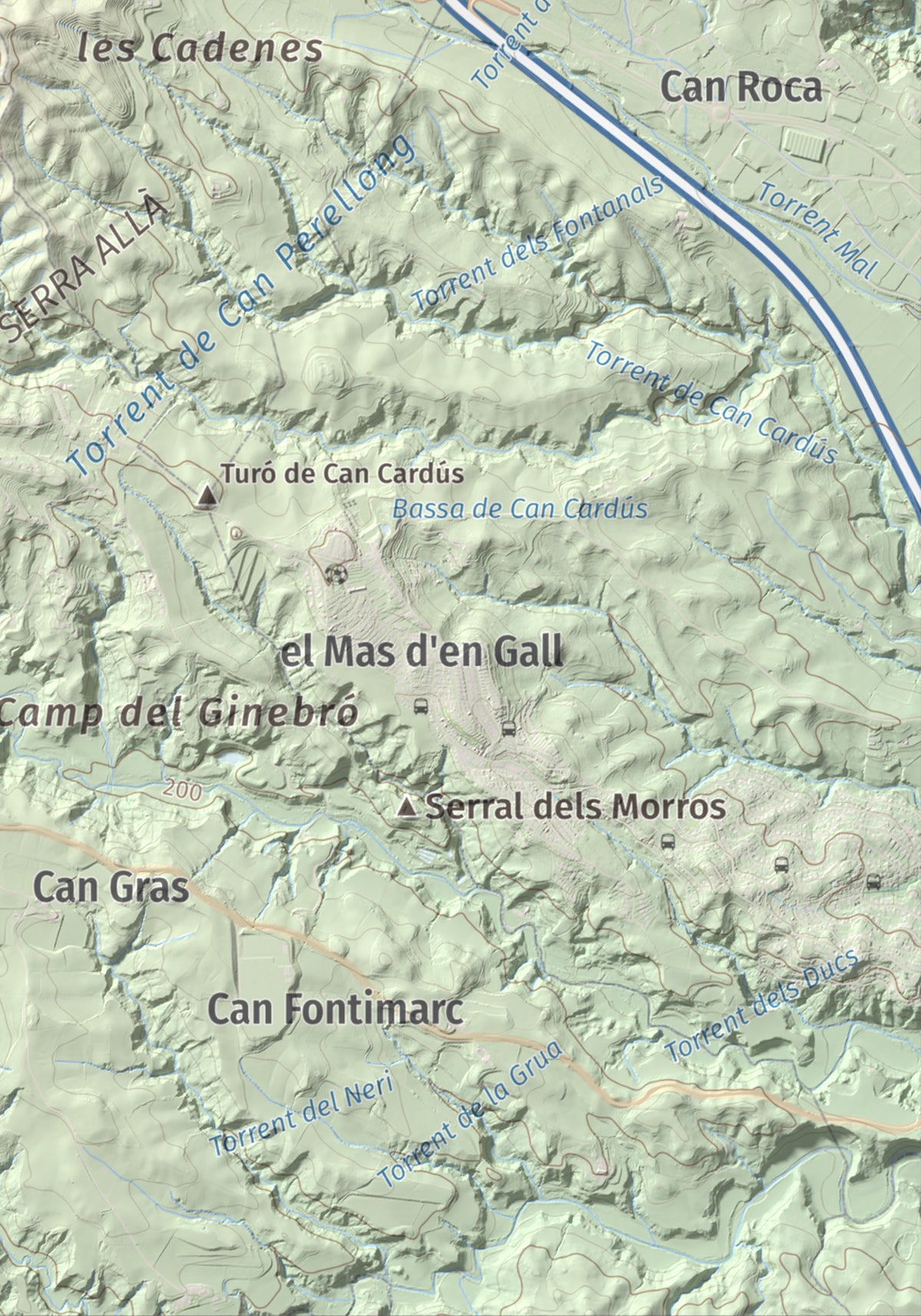 Mapa de relieve de Turó de Can Dolcet, 416 m, Anoia · Baix Llobregat, lámina 100 Cims de Trobart. Detalle de la zona inferior derecha. 21 × 30 cm.