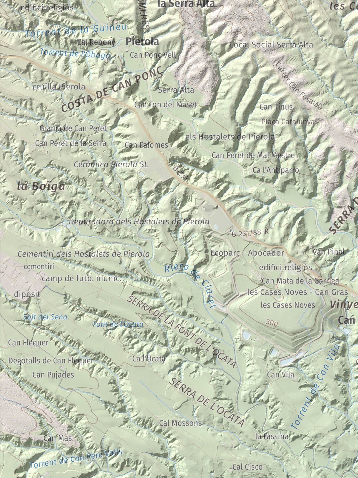 Mapa de relieve de Turó de Can Dolcet, 416 m, Anoia · Baix Llobregat, lámina 100 Cims de Trobart. Detalle de la zona inferior izquierda. 30 × 40 cm.