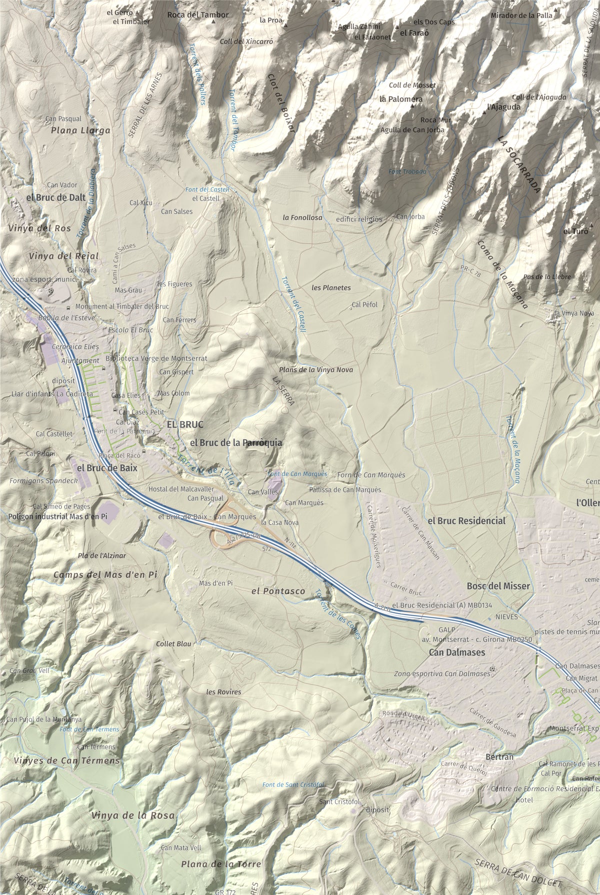 Mapa de relieve de Turó de Can Dolcet, 416 m, Anoia · Baix Llobregat, lámina 100 Cims de Trobart. Detalle de la zona superior izquierda. 61 × 91 cm.