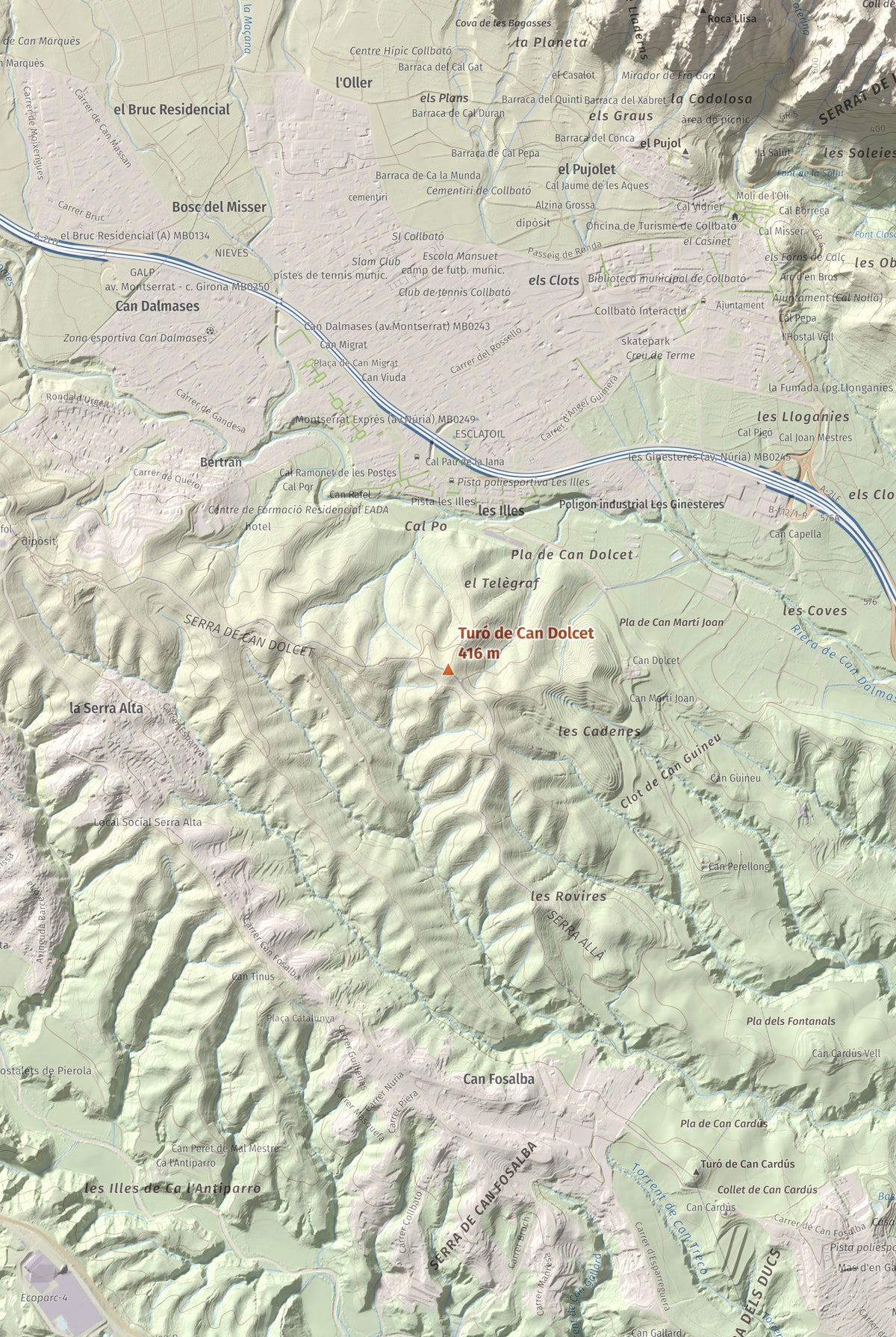 Mapa de relieve de Turó de Can Dolcet, 416 m, Anoia · Baix Llobregat, lámina 100 Cims de Trobart. Detalle de la zona central. 61 × 91 cm.