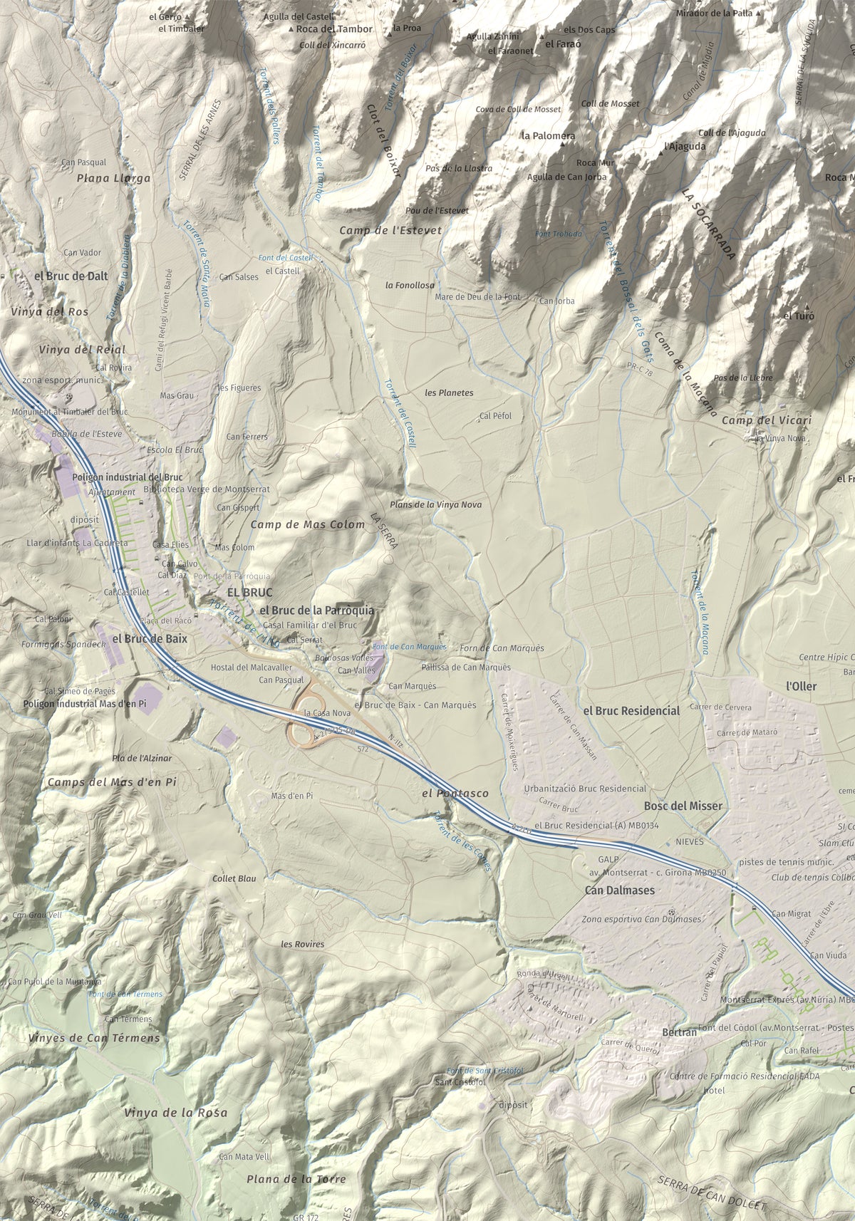 Mapa de relieve de Turó de Can Dolcet, 416 m, Anoia · Baix Llobregat, lámina 100 Cims de Trobart. Detalle de la zona superior izquierda. 70 × 100 cm.