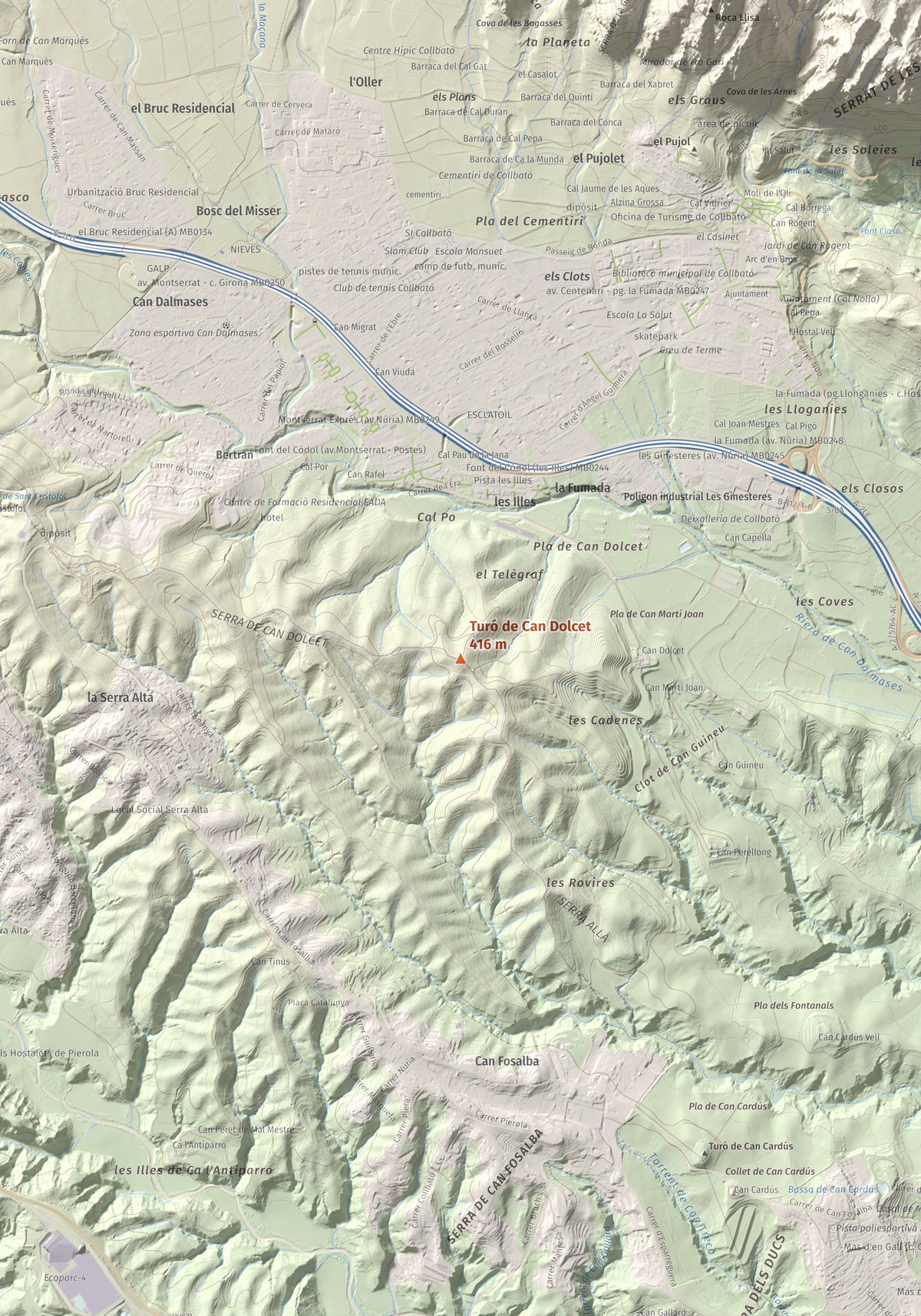 Mapa de relieve de Turó de Can Dolcet, 416 m, Anoia · Baix Llobregat, lámina 100 Cims de Trobart. Detalle de la zona central. 70 × 100 cm.