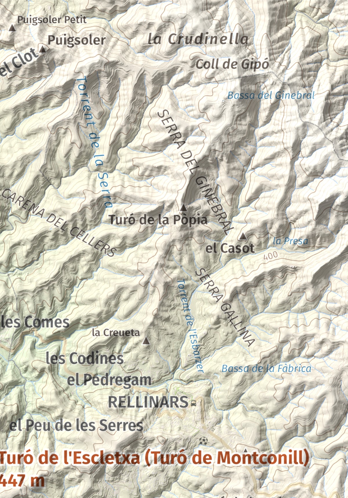 Mapa de relieve de Turó de l'Escletxa (Turó de Montconill), 447 m, Bages, lámina 100 Cims de Trobart. Detalle de la zona superior derecha. 21 × 30 cm.