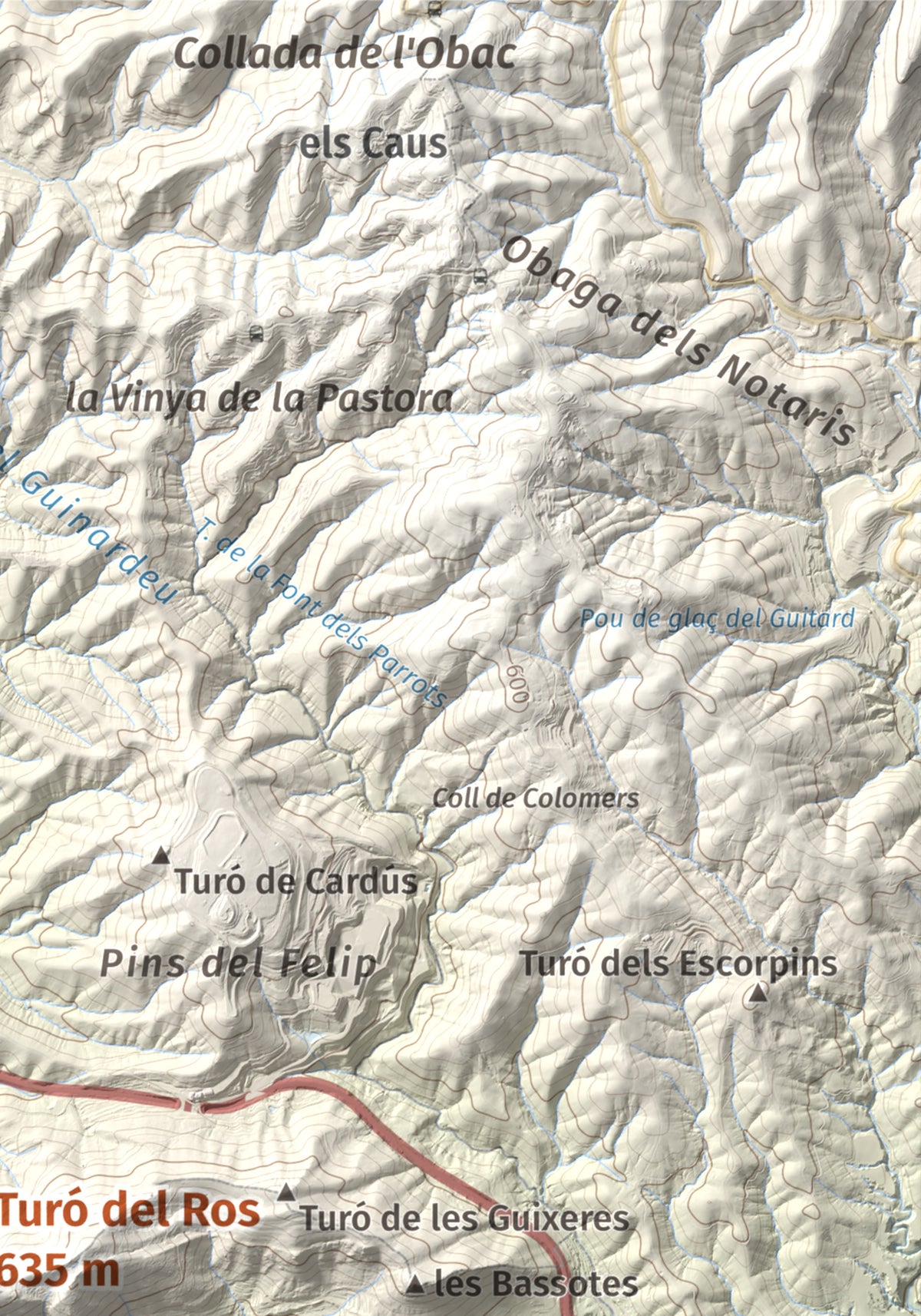 Mapa topográfico del relieve: Turó del Ros, 635 m. Detalle de la zona superior derecha. 21 × 30 cm.