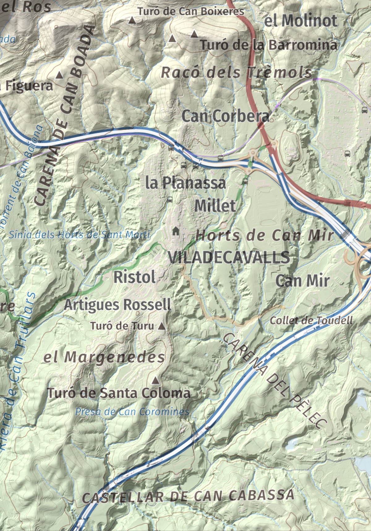 Mapa topográfico del relieve: Turó del Ros, 635 m. Detalle de la zona inferior derecha. 21 × 30 cm.