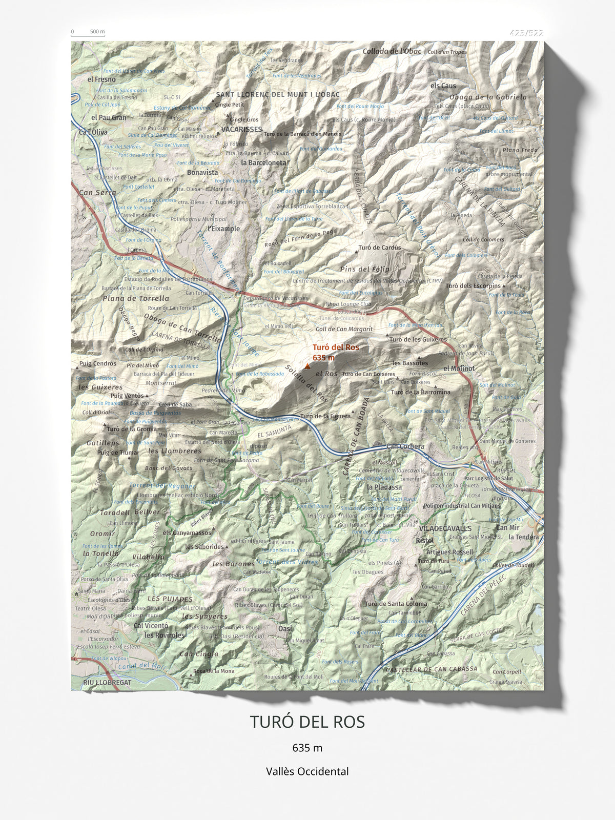 Mapa topográfico del relieve: Turó del Ros, 635 m. Lámina completa. 30 × 40 cm.