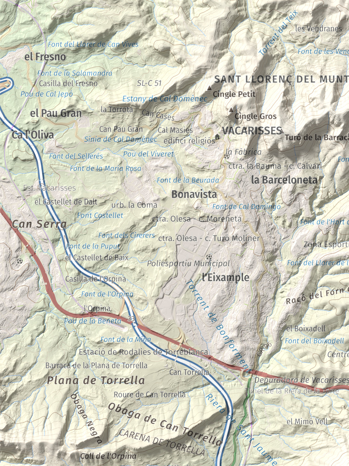 Mapa topográfico del relieve: Turó del Ros, 635 m. Detalle de la zona superior izquierda. 30 × 40 cm.