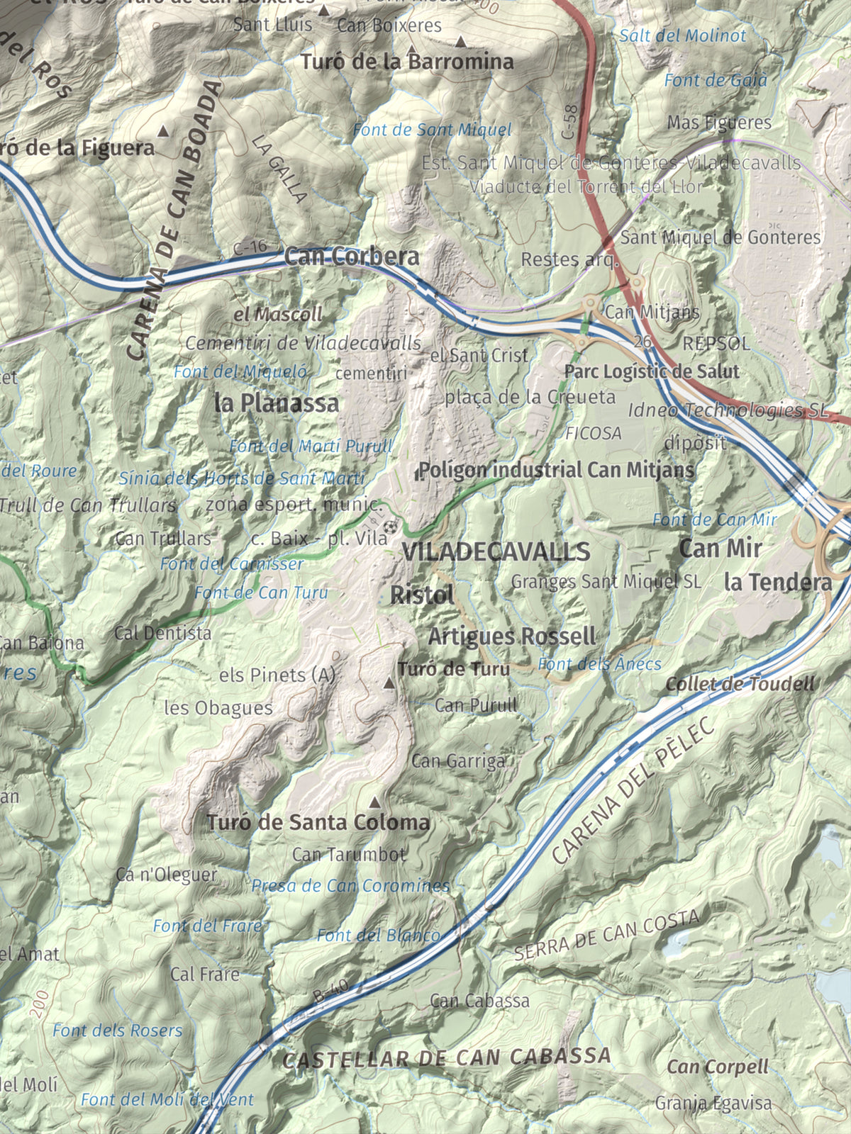 Mapa topográfico del relieve: Turó del Ros, 635 m. Detalle de la zona inferior derecha. 30 × 40 cm.