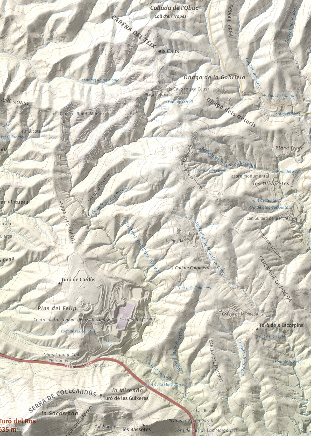 Mapa topográfico del relieve: Turó del Ros, 635 m. Detalle de la zona superior derecha. 50 × 70 cm.