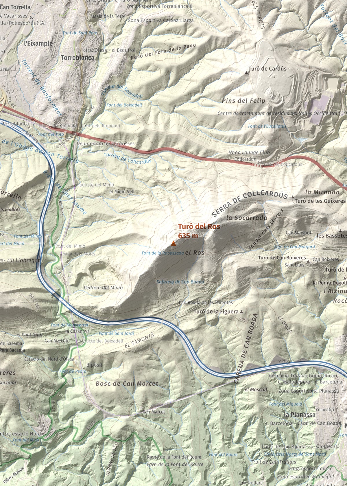 Mapa topográfico del relieve: Turó del Ros, 635 m. Detalle de la zona central. 50 × 70 cm.