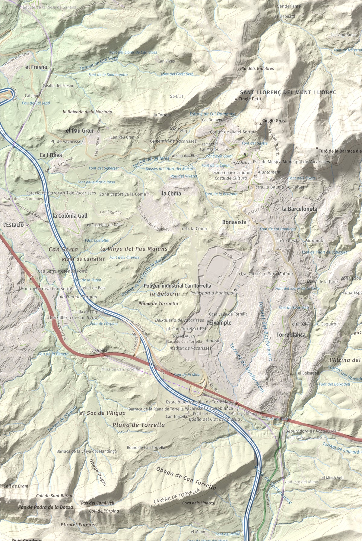Mapa topográfico del relieve: Turó del Ros, 635 m. Detalle de la zona superior izquierda. 61 × 91 cm.