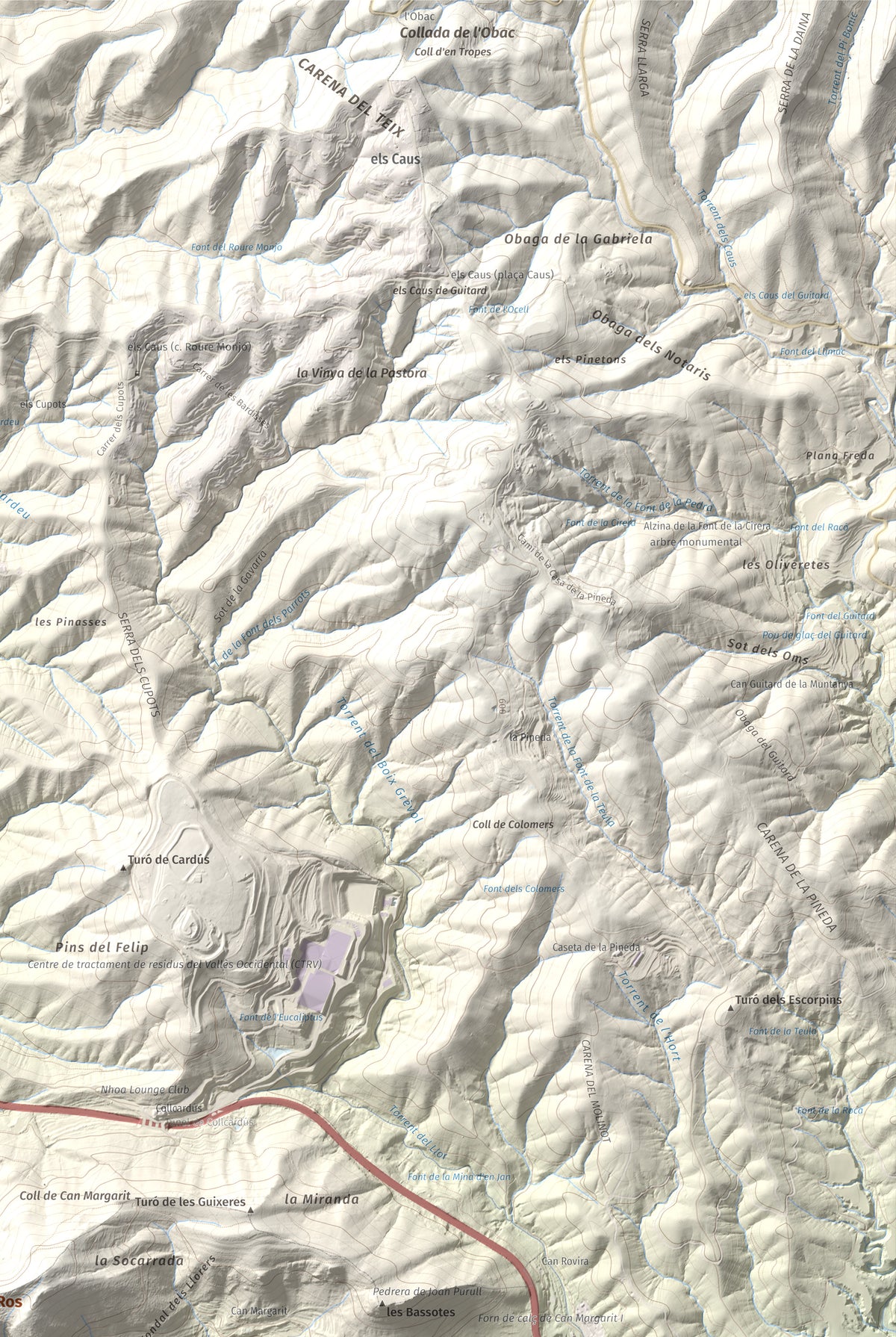 Mapa topográfico del relieve: Turó del Ros, 635 m. Detalle de la zona superior derecha. 61 × 91 cm.