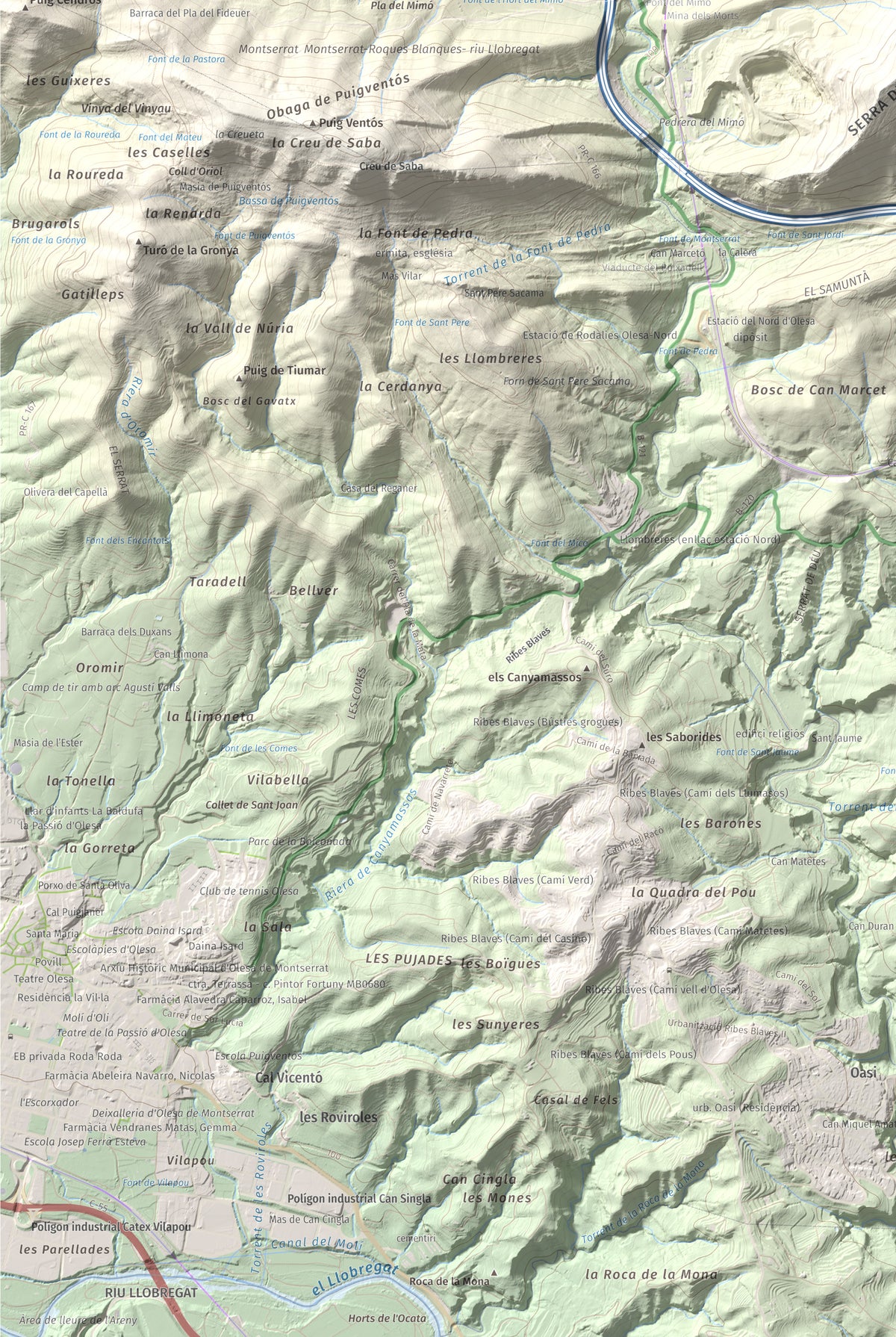 Mapa topográfico del relieve: Turó del Ros, 635 m. Detalle de la zona inferior izquierda. 61 × 91 cm.
