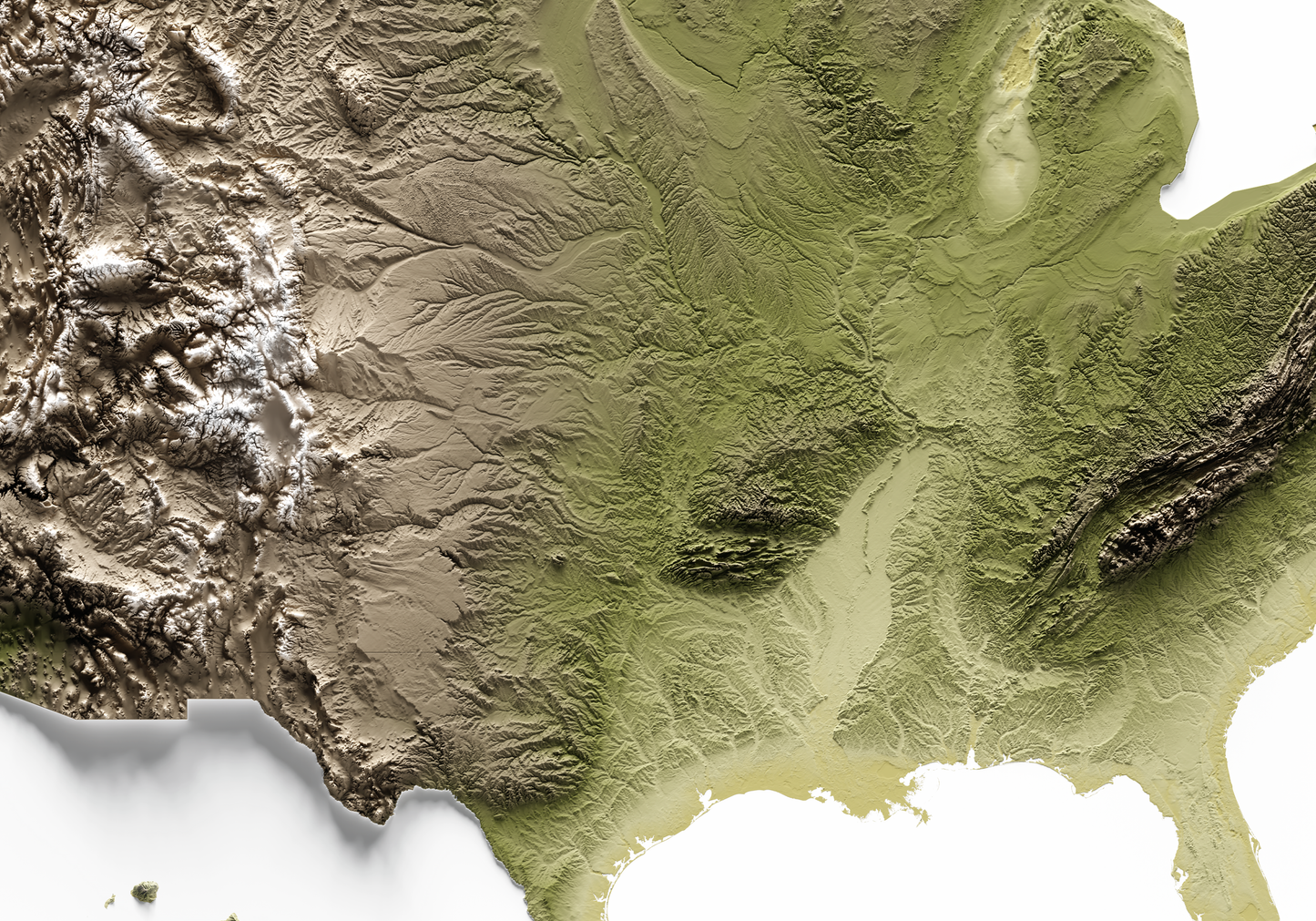 ESTADOS UNIDOS. Mapa de relieve en colores terrosos.