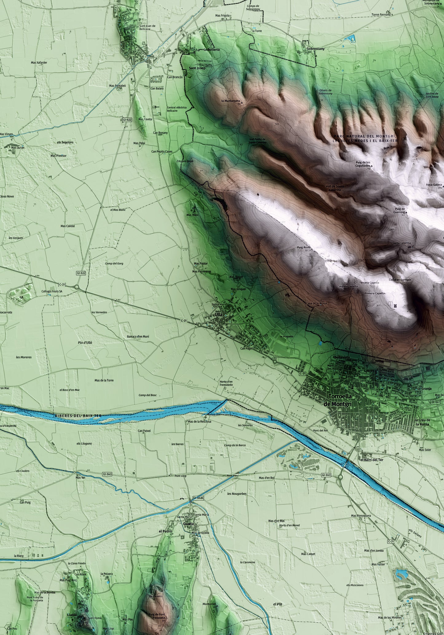Mapa artístico del relieve de Ullà, al Baix Empordà, con 15 km de entorno y base topográfica ICGC. Detalle de la zona central.