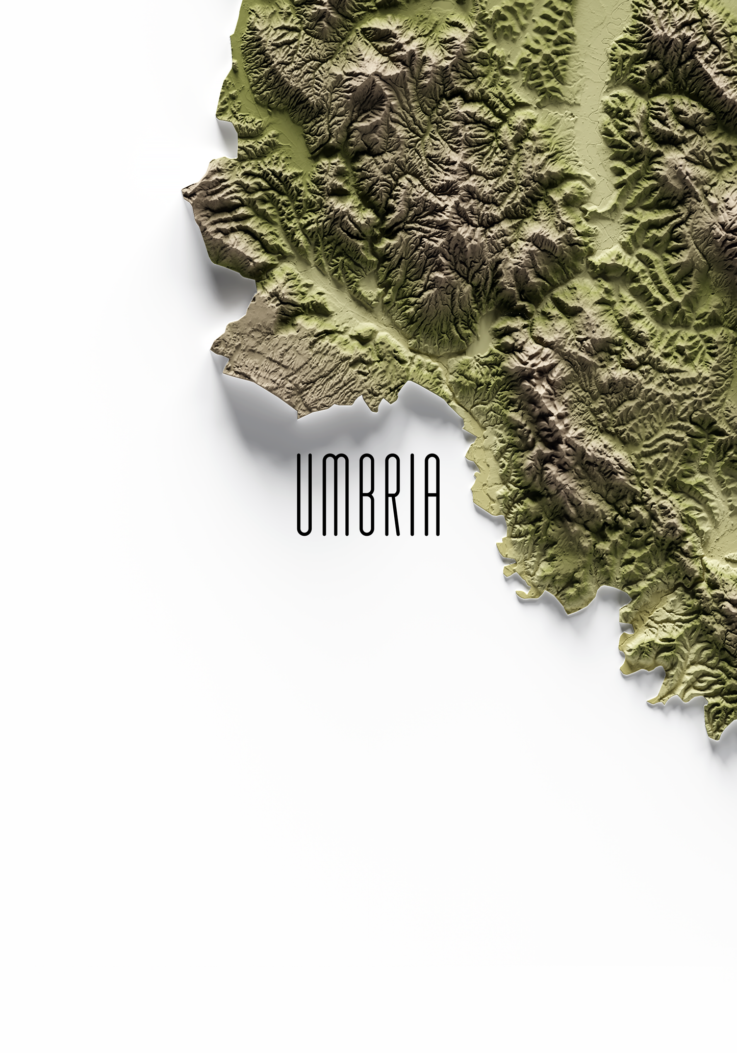 UMBRÍA. Mapa de relieve en colores terrosos.
