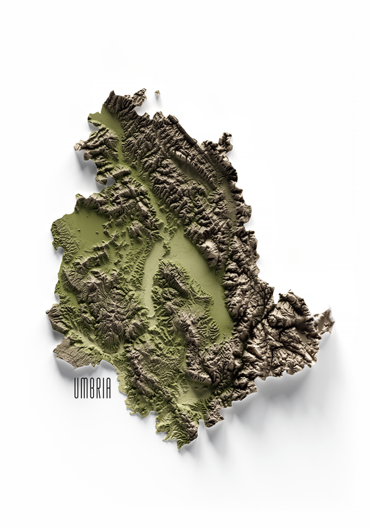 UMBRÍA. Mapa de relieve en colores terrosos.