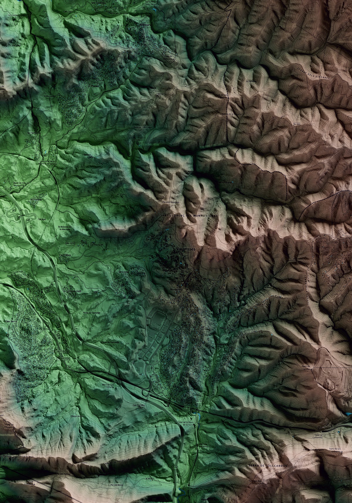 Mapa artístico del relieve de Vacarisses, al Vallès Occidental, con 15 km de entorno y base topográfica ICGC. Detalle de la zona central.