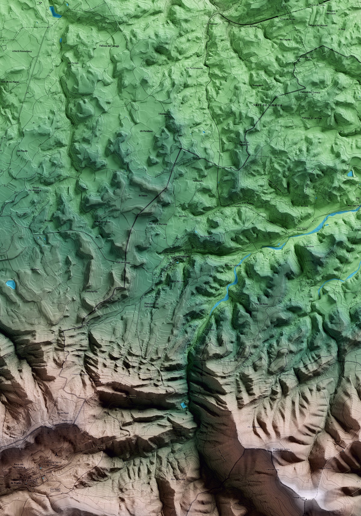 Mapa artístico del relieve de Vallclara, a la Conca de Barberà, con 15 km de entorno y base topográfica ICGC. Detalle de la zona central.