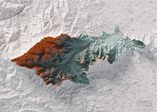 Mapa de relieve del Vallespir, con el territorio en color y el entorno en blanco. Vista completa de la lámina. 50 × 70 cm. Estilo Contrastado.