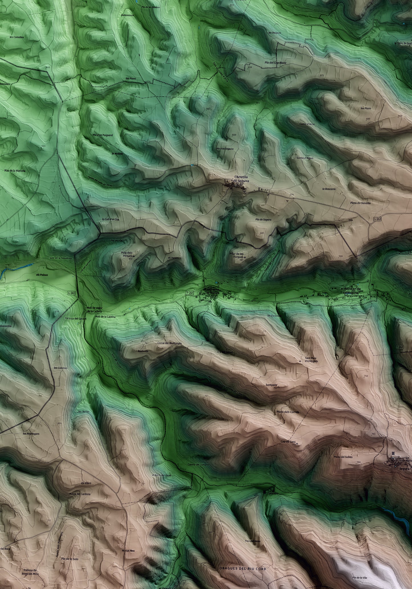 Mapa artístico del relieve de Vallfogona de Riucorb, a la Conca de Barberà, con 15 km de entorno y base topográfica ICGC. Detalle de la zona central.