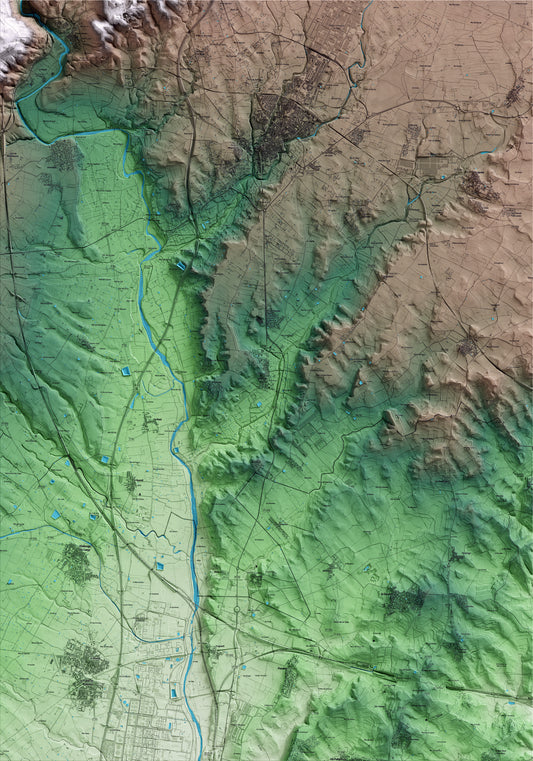 Mapa artístico del relieve de Vallmoll, al Alt Camp, con 15 km de entorno y base topográfica ICGC